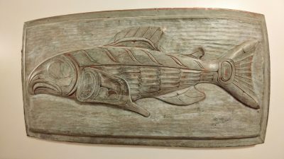 Salmon plaque with copper patina
