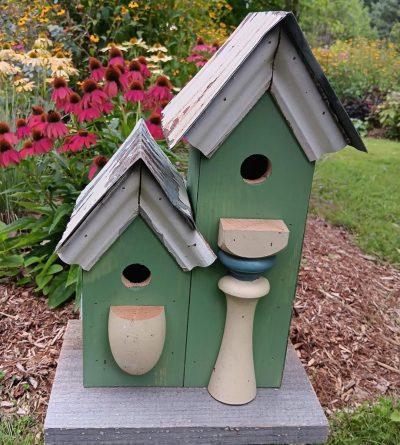 Rustic bird house-Double trim Green